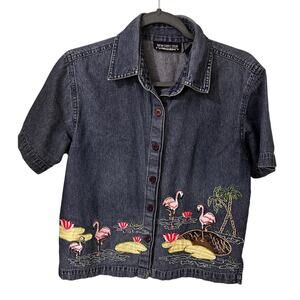 VTG New Direction Embroidered Flamingo Denim Button Front Shirt, size S
